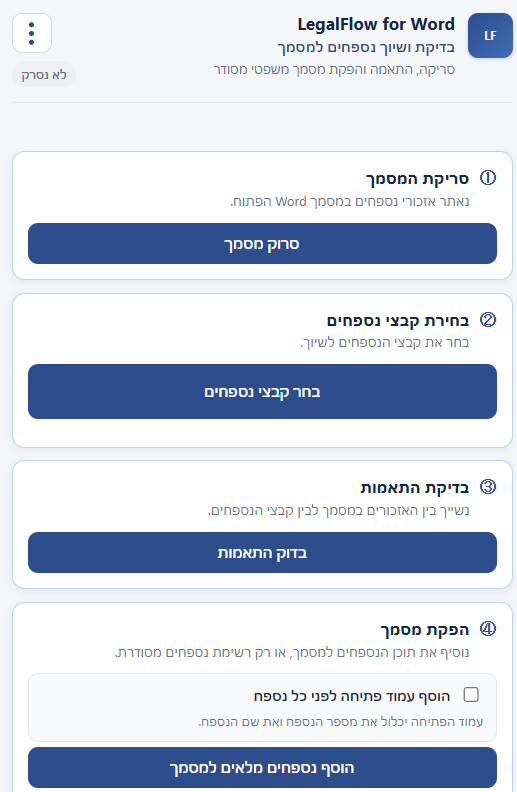 חלונית LegalFlow ב־Word: סריקת המסמך, בחירת קבצי נספחים, בדיקת ההתאמות והפקת המסמך